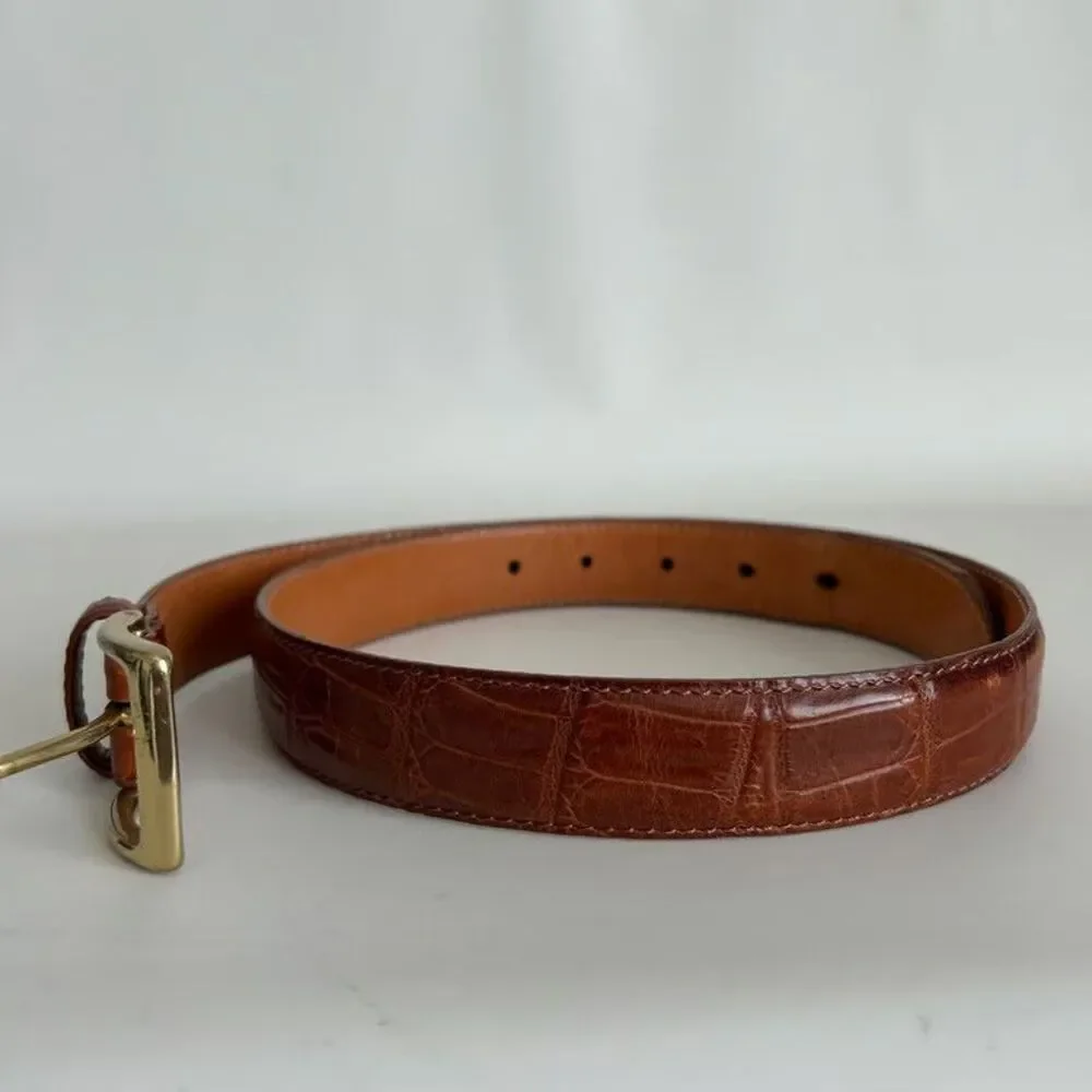 Mens Brown Leather Belt Crocodile Embossed Top Grain Cowhide Gold Buckle Size 38